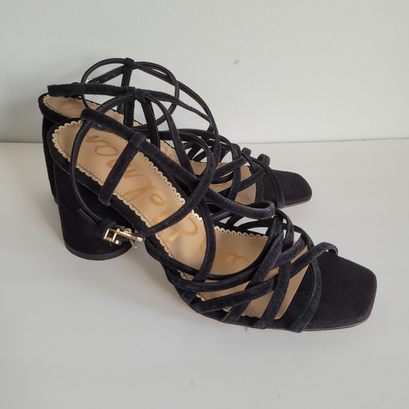 New SAM EDELMAN Daffodil Suede Leather Black Ankle Strap Heels - Picture 4 of 14